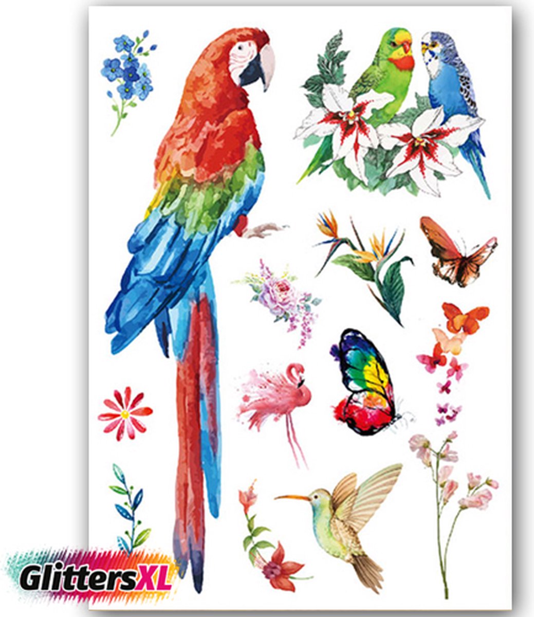 GlittersXL - Temporary Tattoo Papegaai/Vlinders/Vogels/Bloemen (A5 formaat) [Neptattoo - Tijdelijke tatoeage - Nep Fake Tattoos - Water overdraagbare festival sticker henna outfit tattoo - Glitter tattoo - Volwassenen Kinderen Jongen Meisje]